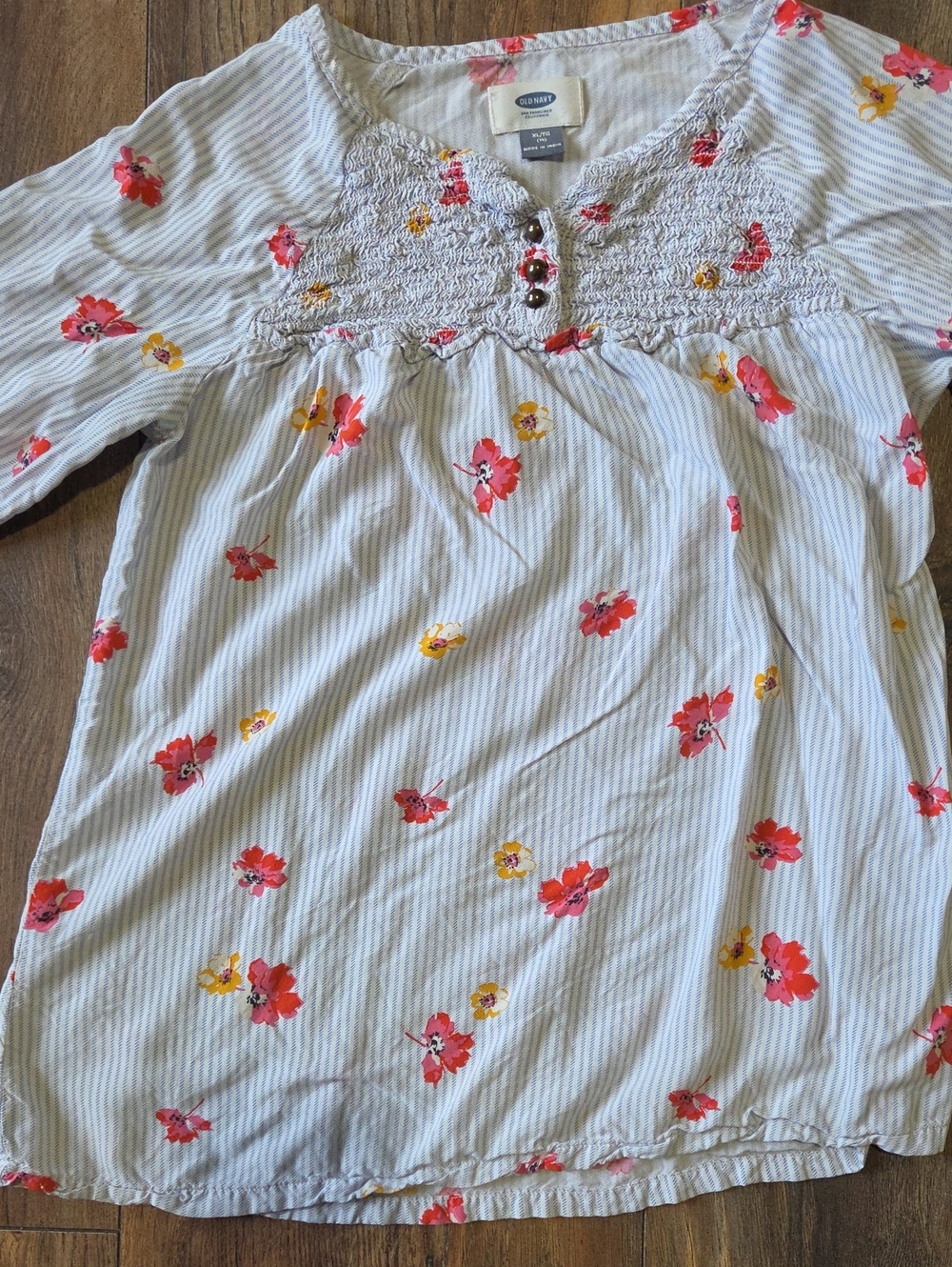 Old Navy Girls Floral Striped Blouse XL 14 Smocked Long Sleeve Boho Top